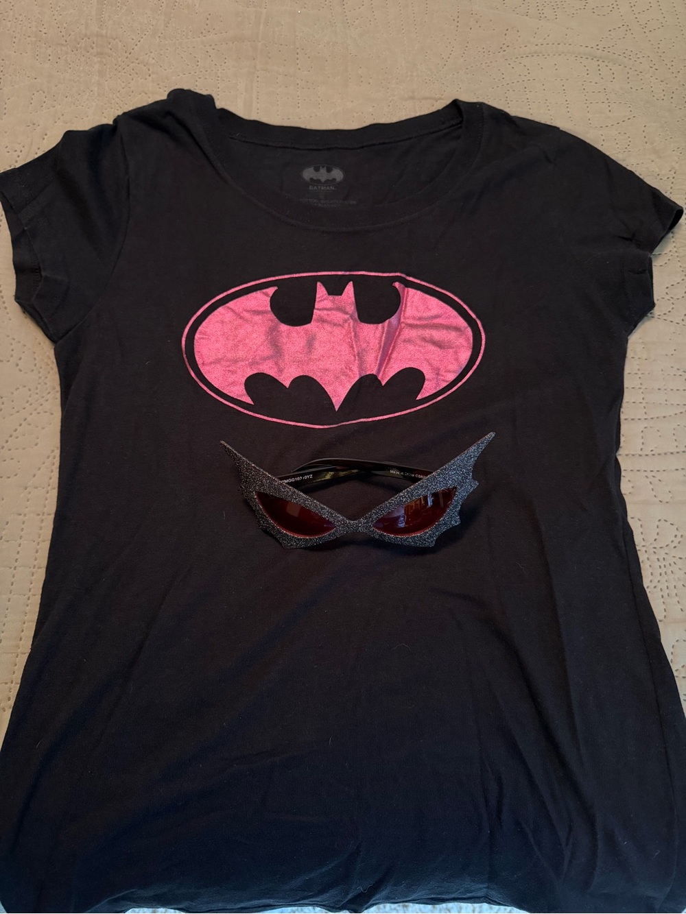 Batman Black Short Sleeve Tee with Pink Logo with Batman glasses